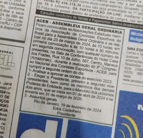 Publicação no jornal O Dia, de circulação no estado do Rio de janeiro, com a convocação da Assembléia